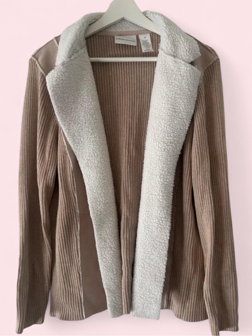 Alfred Dunner Sherpa & Suede Knit Open Front Cardigan Sweater Jacket 14